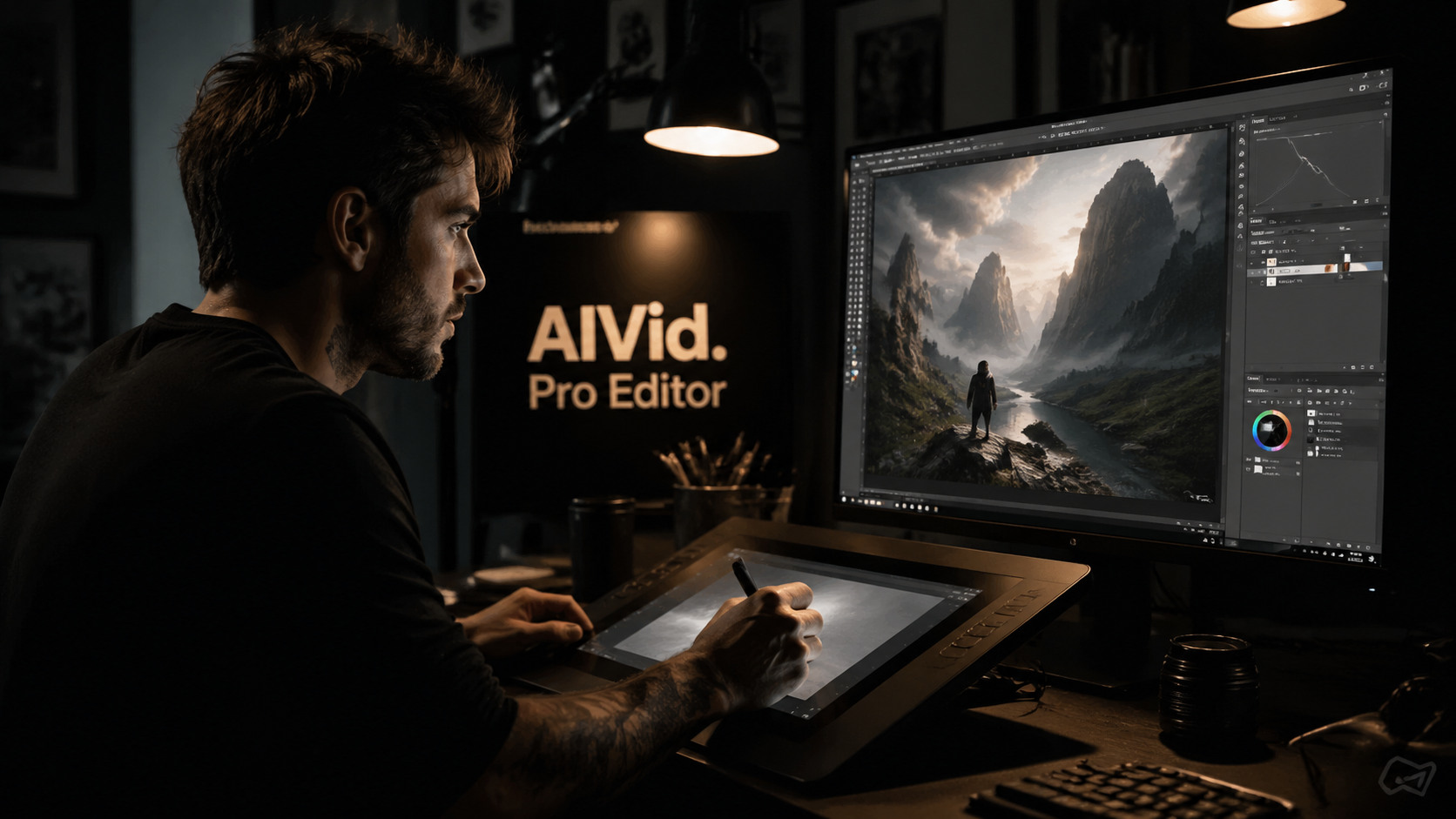 Professional digital artist manually editing AI generated assets in a studio to secure ai copyright and prove human authorship. High-end, moody Chiaroscuro photography of a professional digital artist in a dark studio, hands on a Wacom tablet, carefully editing an image on a 4K monitor. Cinematic lighting, photorealistic.
