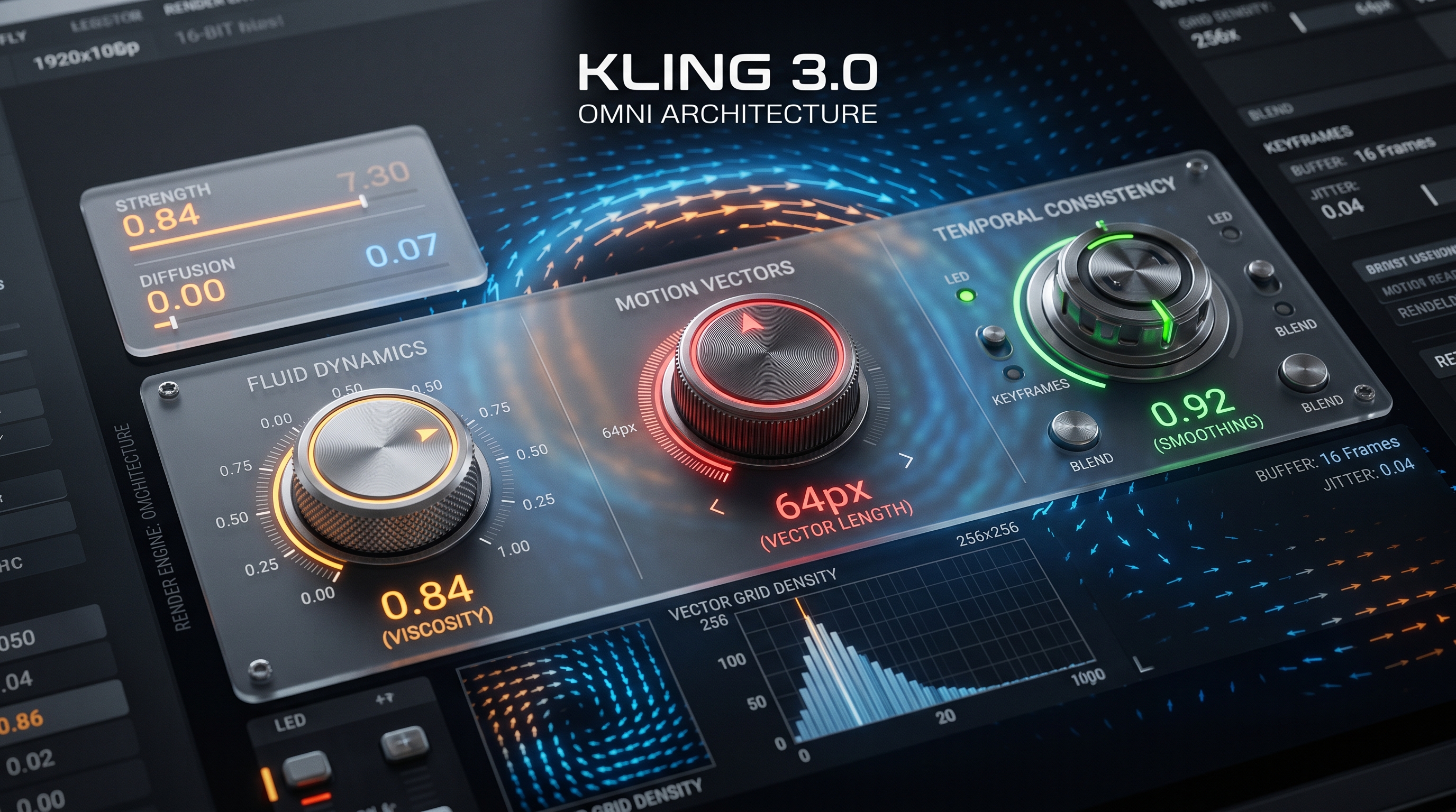 Macro shot of a video editing interface displaying Kling 3.0 Omni architecture fluid dynamic controls and motion vector dials.