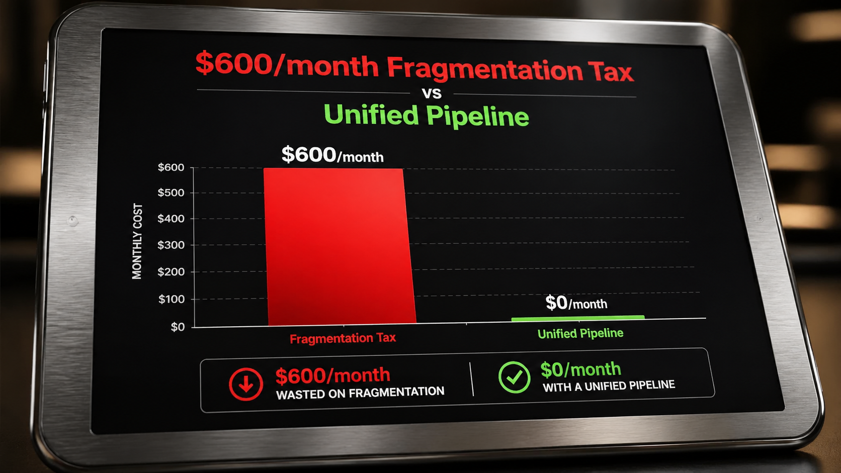 AIVid. Subscription Overhead Analysis - [Data Chart / Table] A high-contrast financial bar chart displayed on a brushed metal tablet, demonstrating the staggering '$600/month Fragmentation Tax' vs 'Unified Pipeline', with shallow depth of field.