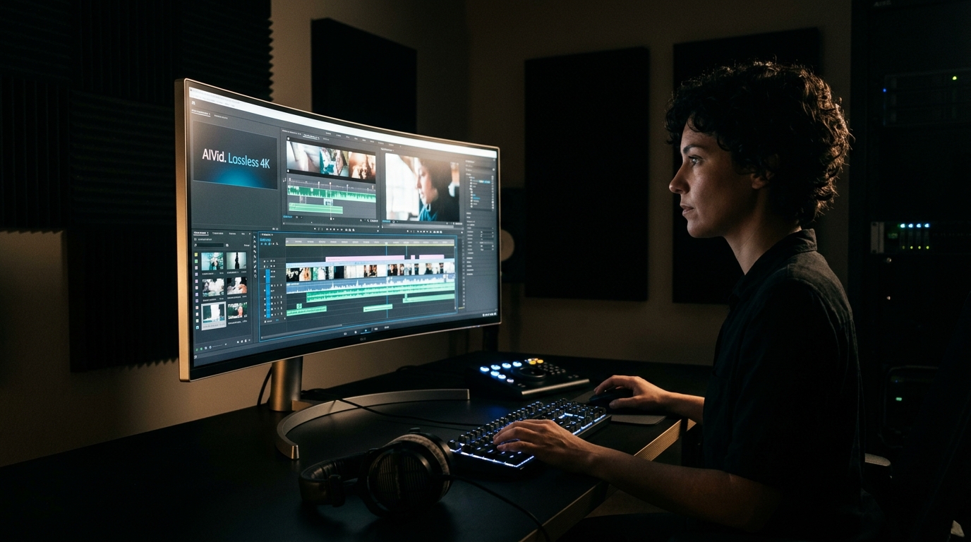 Professional creator upgrading video resolution to lossless 4K using the AIVid AI Upscale portal.