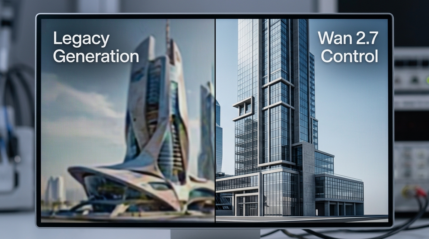Before and after split screen comparing blurry legacy AI image generation with crisp 4K Wan 2.7 output.