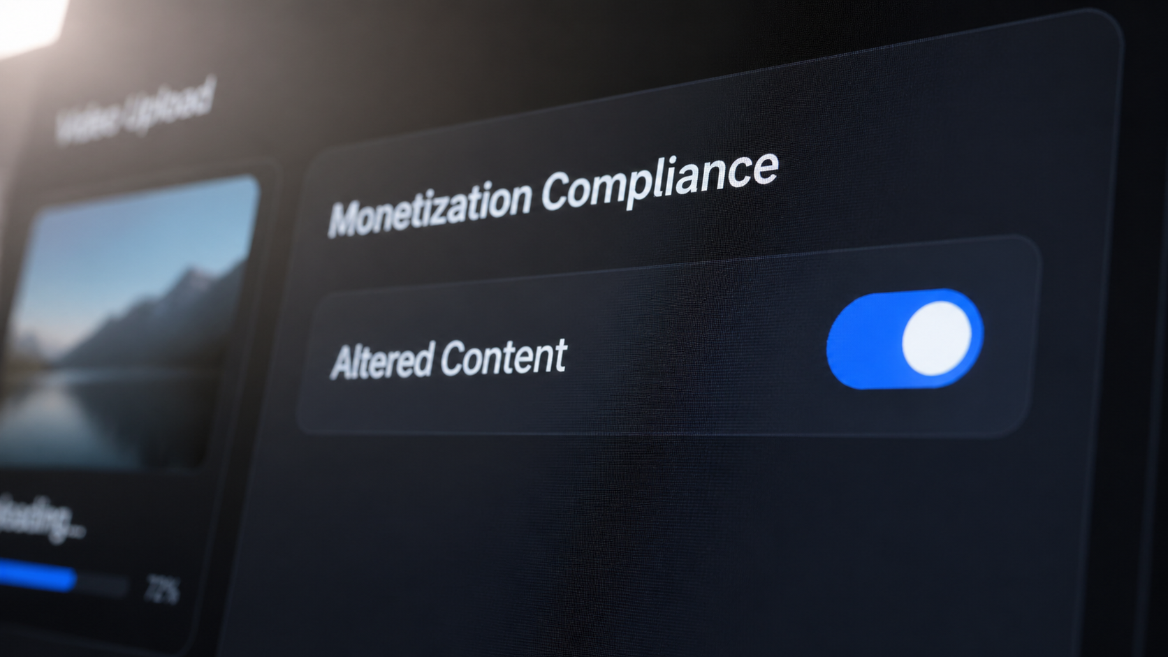 Macro shot of a YouTube dashboard highlighting youtube monetization policies and altered content tags. [UI/UX Technical Shot] Macro photography of a video upload dashboard with the 'Altered Content' toggle switch activated. Screen glare and shallow depth of field highlighting the UI texture. Typography Label: "Monetization Compliance"