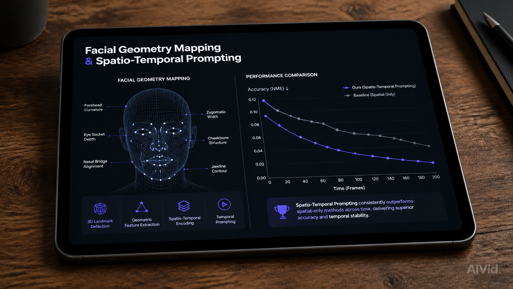 A data chart showing performance metrics of Spatio-Temporal prompting and LoRA applied video for maintaining broadcast-grade visual fidelity. A 16:9 macro shot of a sleek digital tablet displaying a clean data chart on facial geometry mapping and Spatio-Temporal prompting. The screen shows a sharp performance graph against a dark background, resting on a textured wooden desk. Subtle 'AIVid.' watermark.