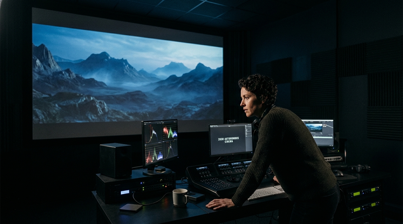 Filmmaker in a dark grading suite reviewing an AI-generated widescreen landscape projection