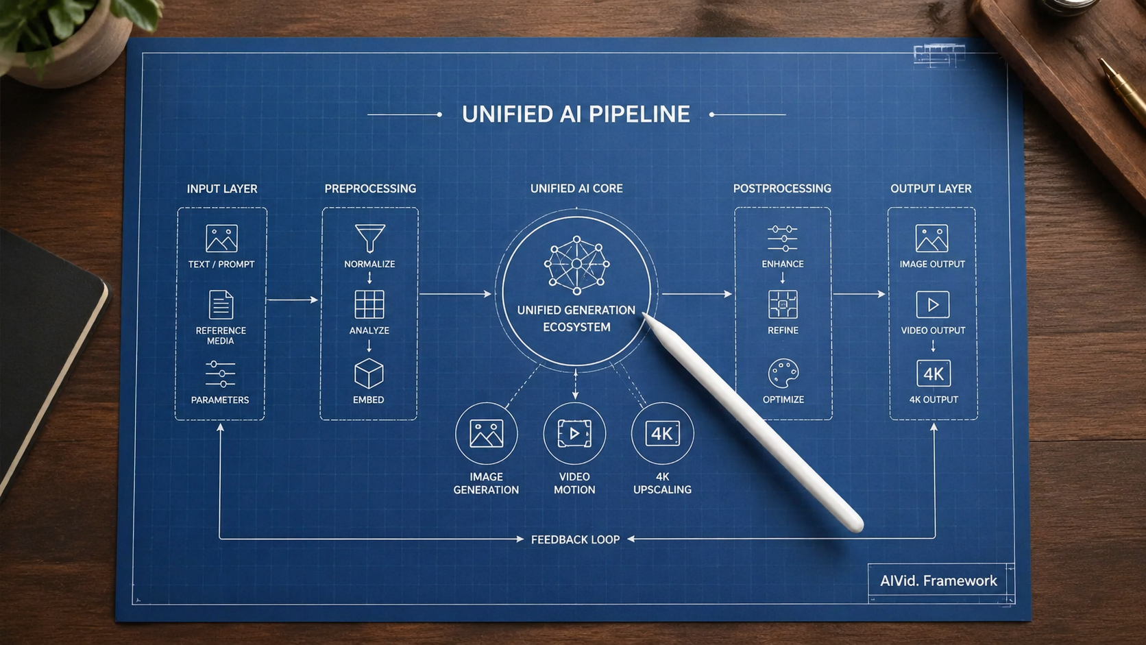Blueprint diagram illustrating a unified graphic design AI pipeline consolidating generative video and upscaling tools without API metadata loss. [Workflow Diagram] A minimalist, highly professional blueprint laying out a 'Unified AI Pipeline' on a heavy wooden desk. A stylus points to a node that consolidates image generation, video motion, and 4K upscaling into a single centralized ecosystem. Top-down view, soft natural lighting. Subtle 'AIVid. Framework' text on the blueprint corner.