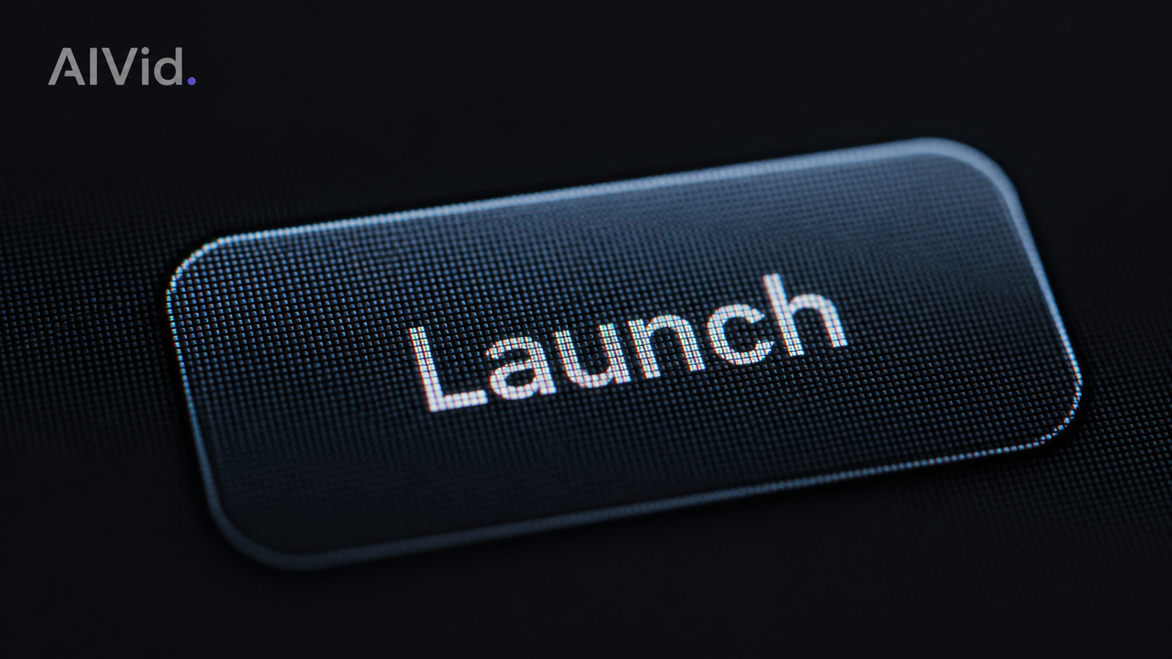 The quick launch button inside the portable stable diffusion environment container. [UI/UX Technical Shot] Extreme macro shot of a sleek software button labeled 'Launch' on a dark minimalist interface, with soft ambient studio lighting highlighting the screen matrix pixels. 'AIVid.' tech label embedded in the corner.