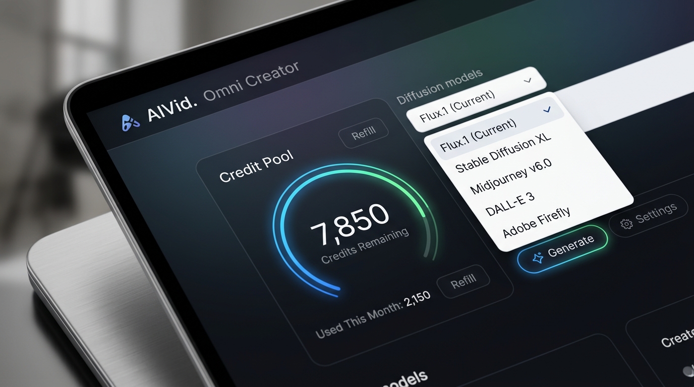 The AIVid unified SaaS dashboard showcasing a single credit pool for multiple leading AI models.