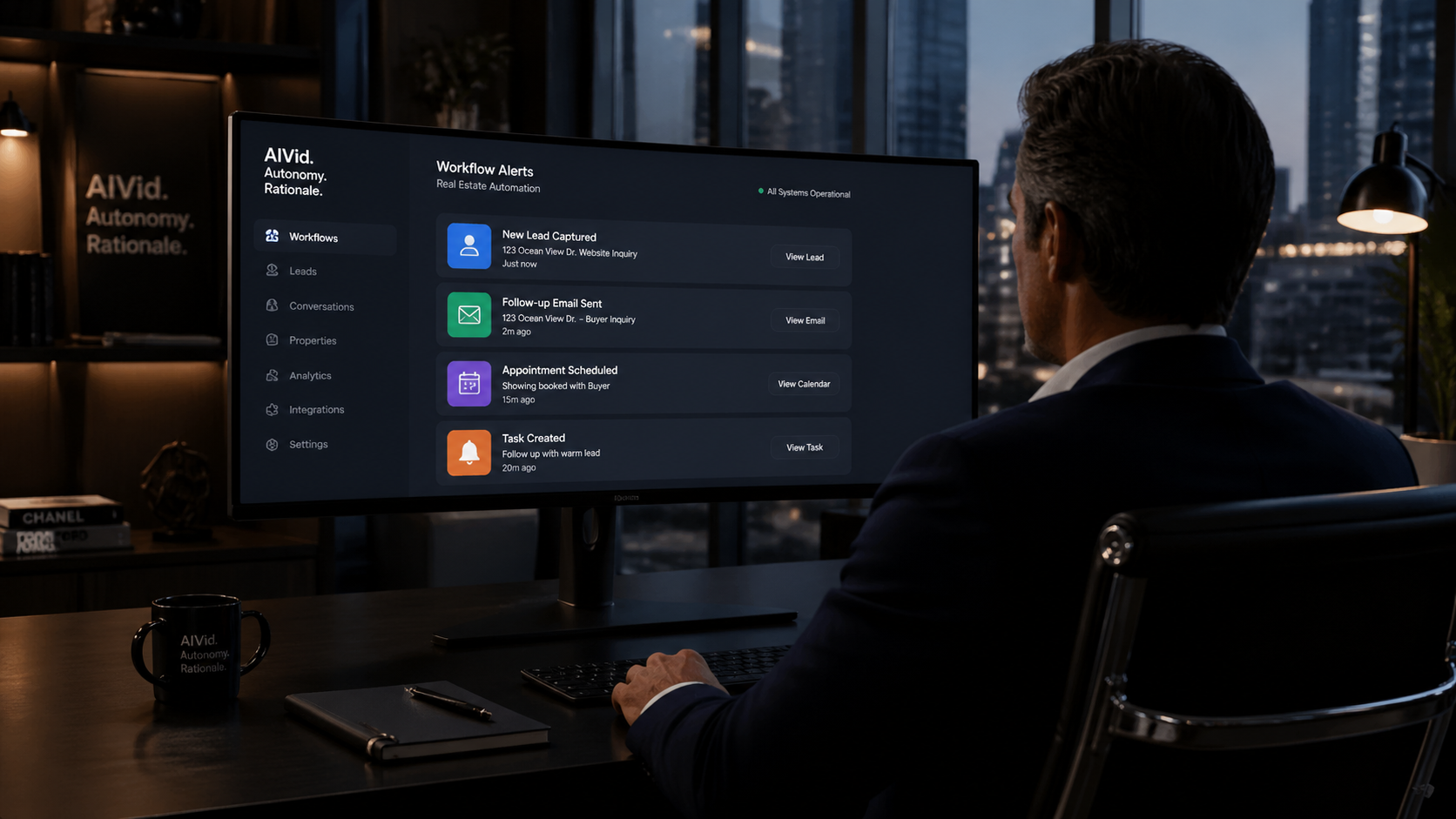 Real estate broker looking at an ultrawide monitor displaying automated agentic workflow triggers and high-fidelity market data. AIVid. brand watermark. Moody, low-key lighting shot over the shoulder of a high-end real estate broker in a modern office, watching automated workflow alerts pop up on an ultrawide monitor, chiaroscuro lighting, 8k resolution.