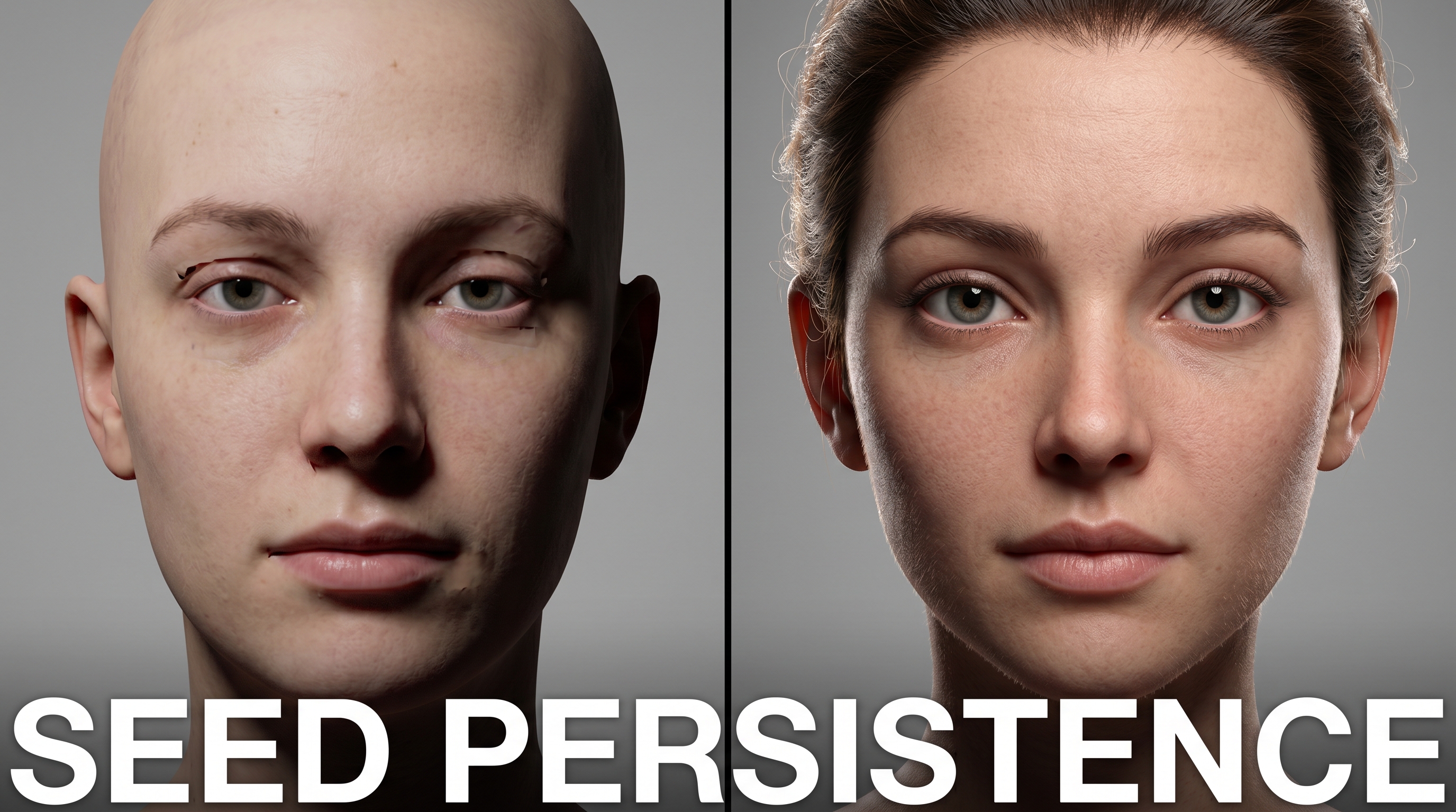 Before and after split screen showing the difference between inconsistent digital avatars and hyper-consistent stylized realism using character reference weighting.