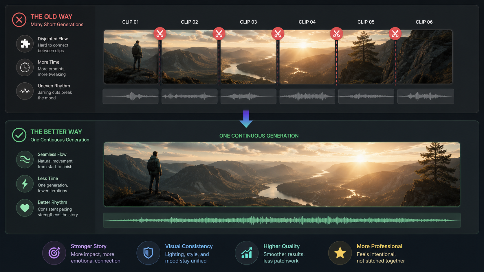 Workflow comparison of single long clip versus stitched short clips in AI video production
