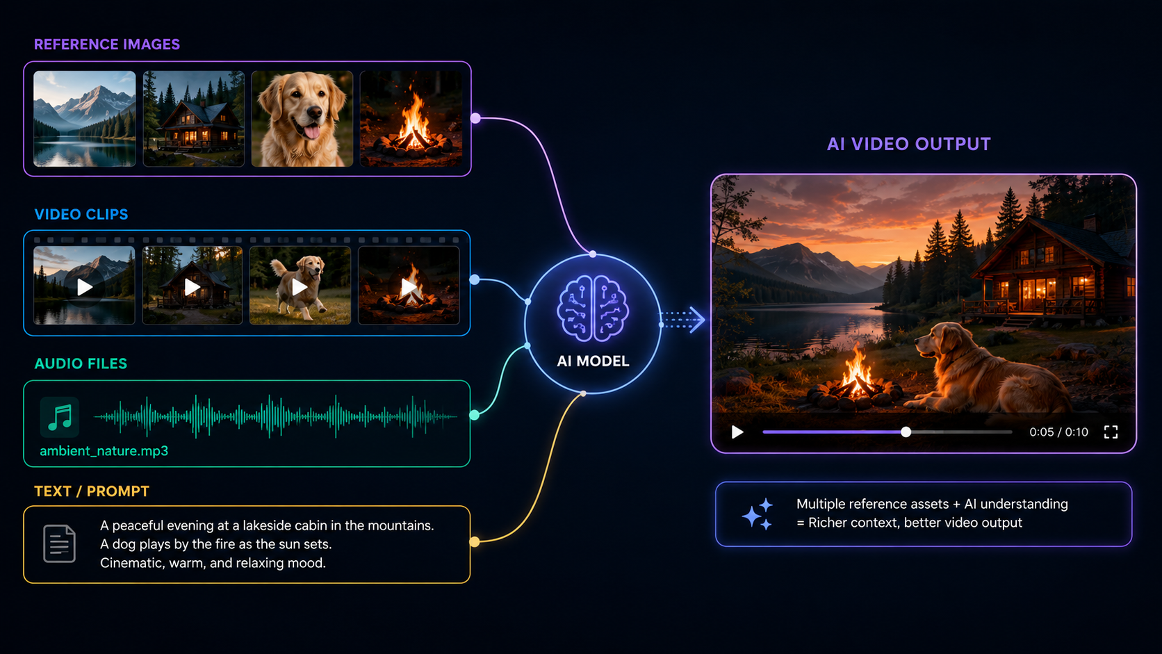 Visual of up to 50 multimodal references supporting AI video creation