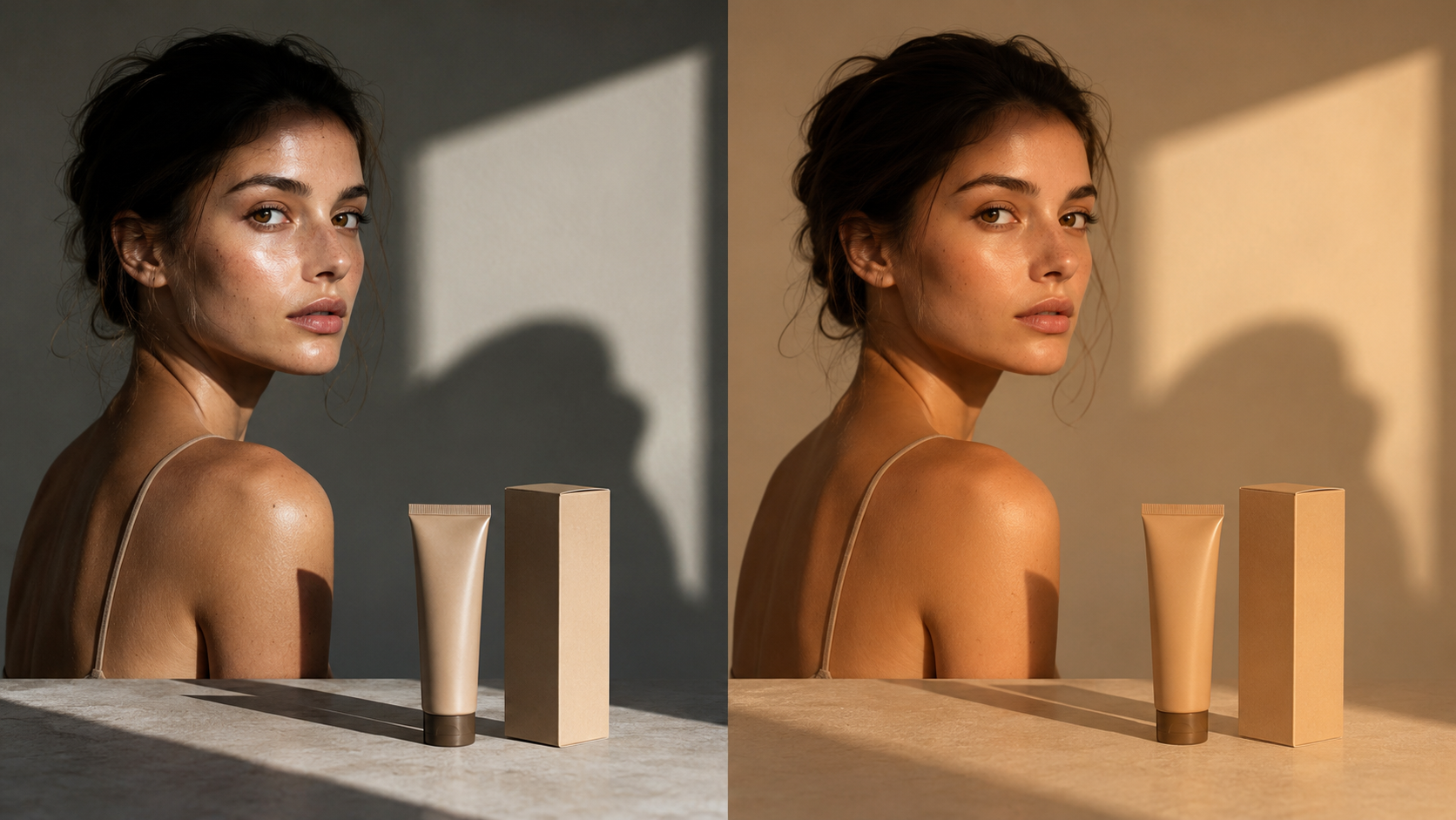 Shared-source light response concept for true AI image relighting versus brightness