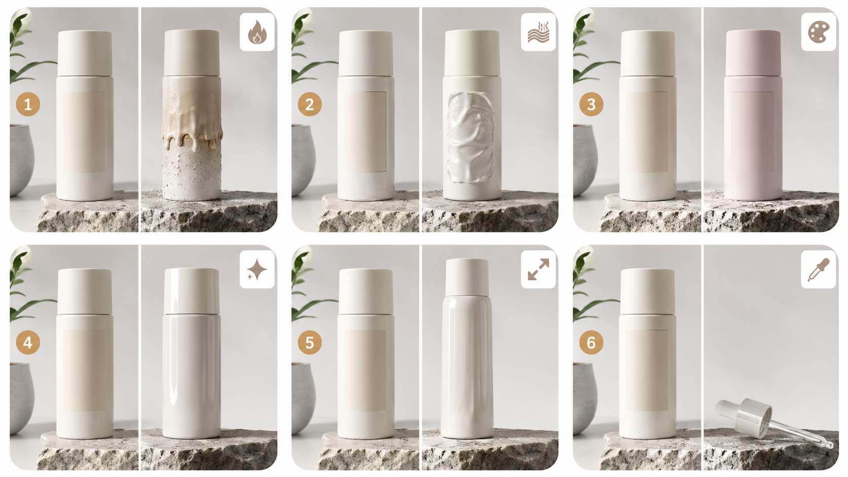 Failure-mode collage showing AI product photography mistakes on logos, color, and proportions.
