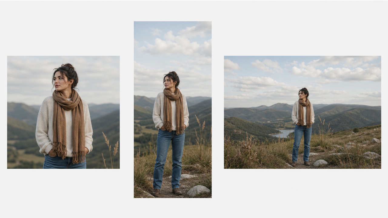 Same scene composed differently in square, tall, and wide AI image aspect ratio frames