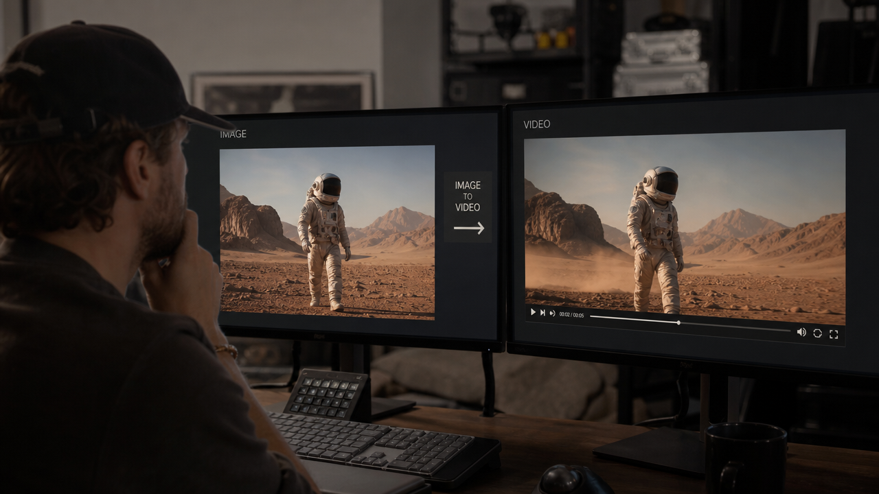 Creator comparing still image and video animation in a studio