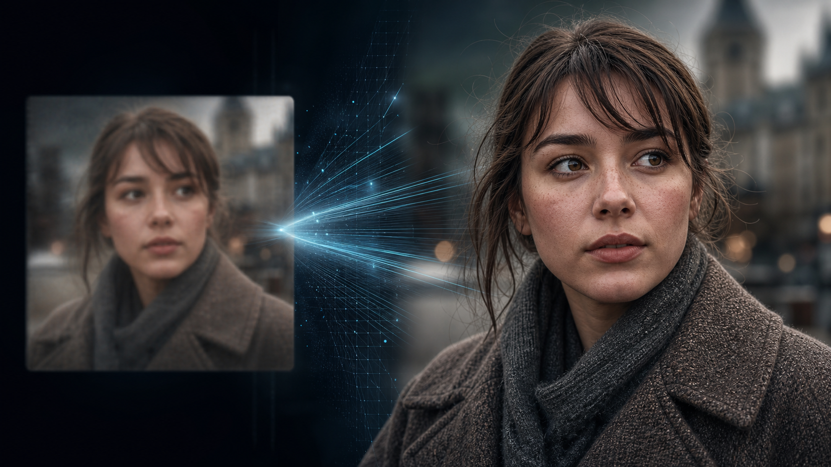 AI video upscaling concept showing soft pixels rebuilt into sharper spatial detail