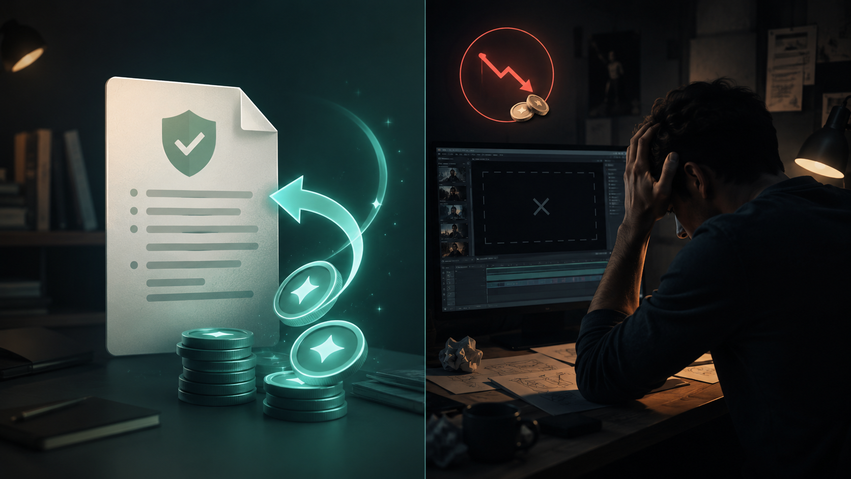 Split visual of official refund policy path versus unresolved billing complaint friction