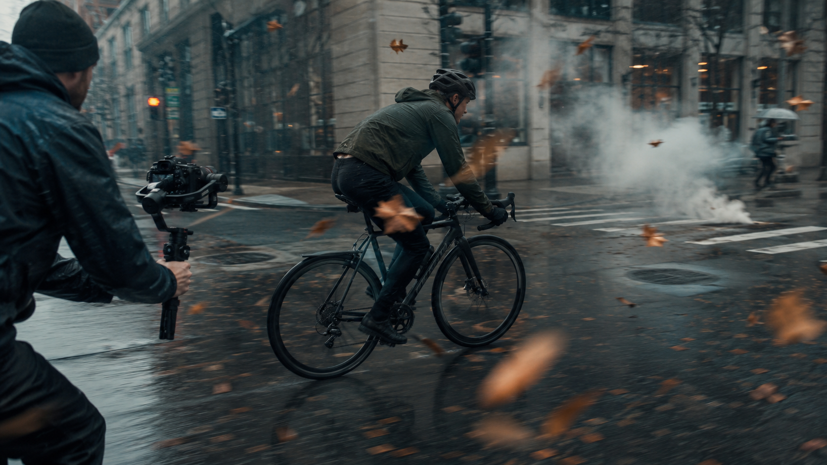 Wind, rain, and tracking camera cues reinforcing real-time scene pace