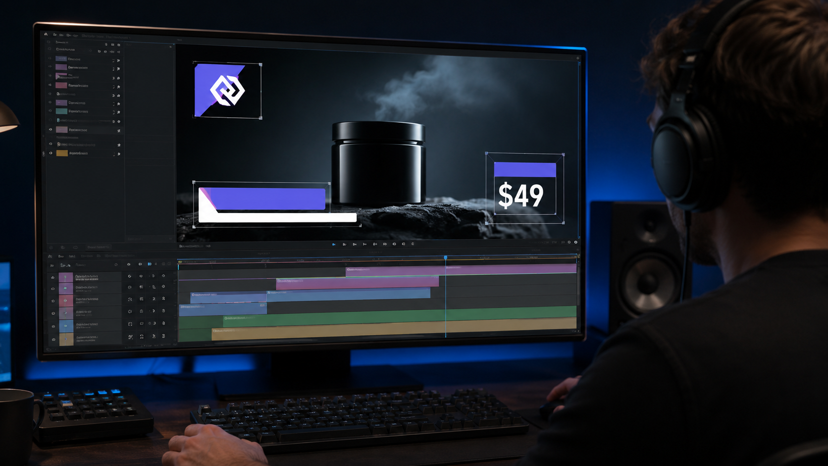 Compositing desk scene locking captions and logos for AI video logo consistency over a clean motion plate