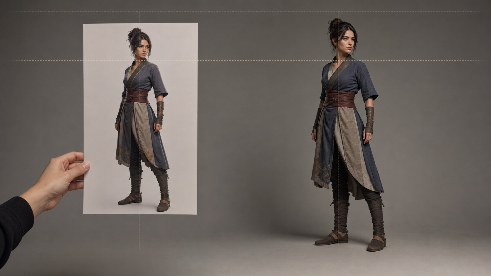 Matching camera height and facing between character still and motion reference video