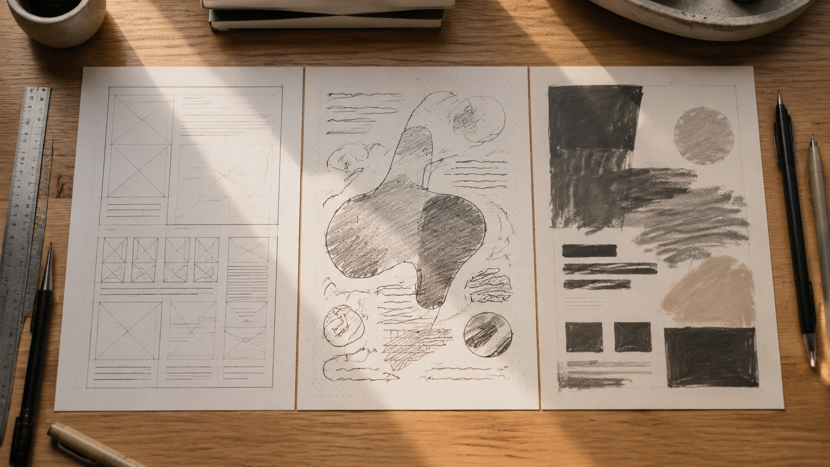 Comparison of UI wireframe, freehand doodle, and rough poster blocks as Sketch Editing inputs
