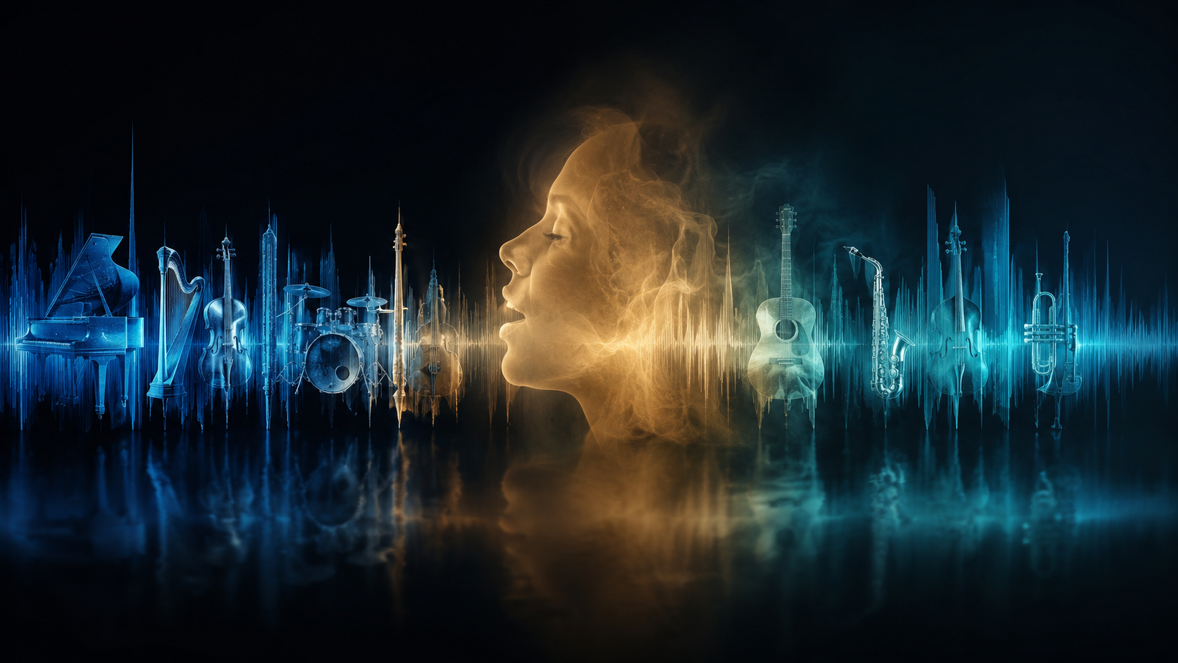 Abstract sound wave showing vocal leakage invading instrumental AI music for a background bed