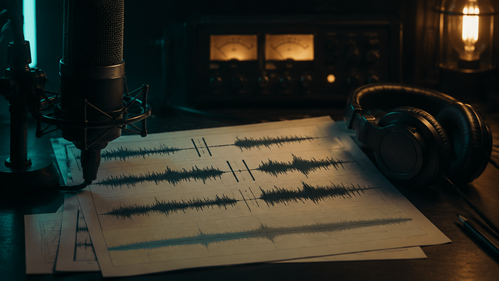 Narration and music beds planned against a locked timeline for AI voice and lip sync