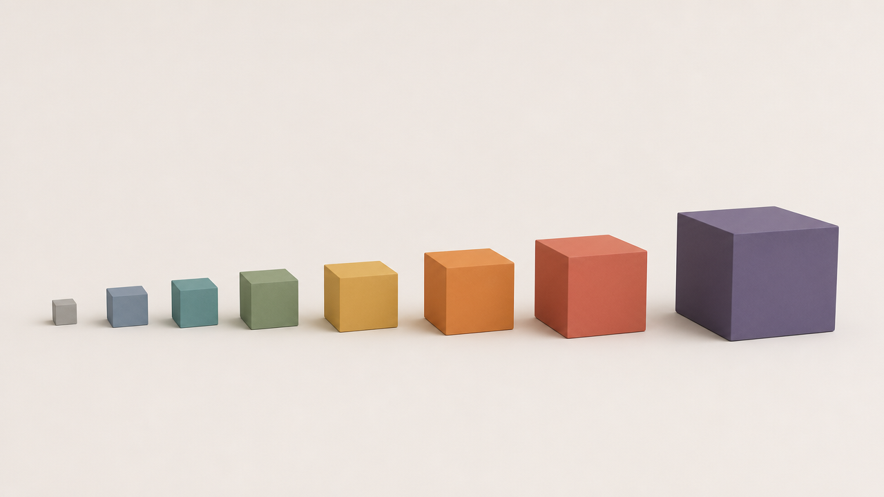 Progressively larger geometric shapes representing AI model iterations