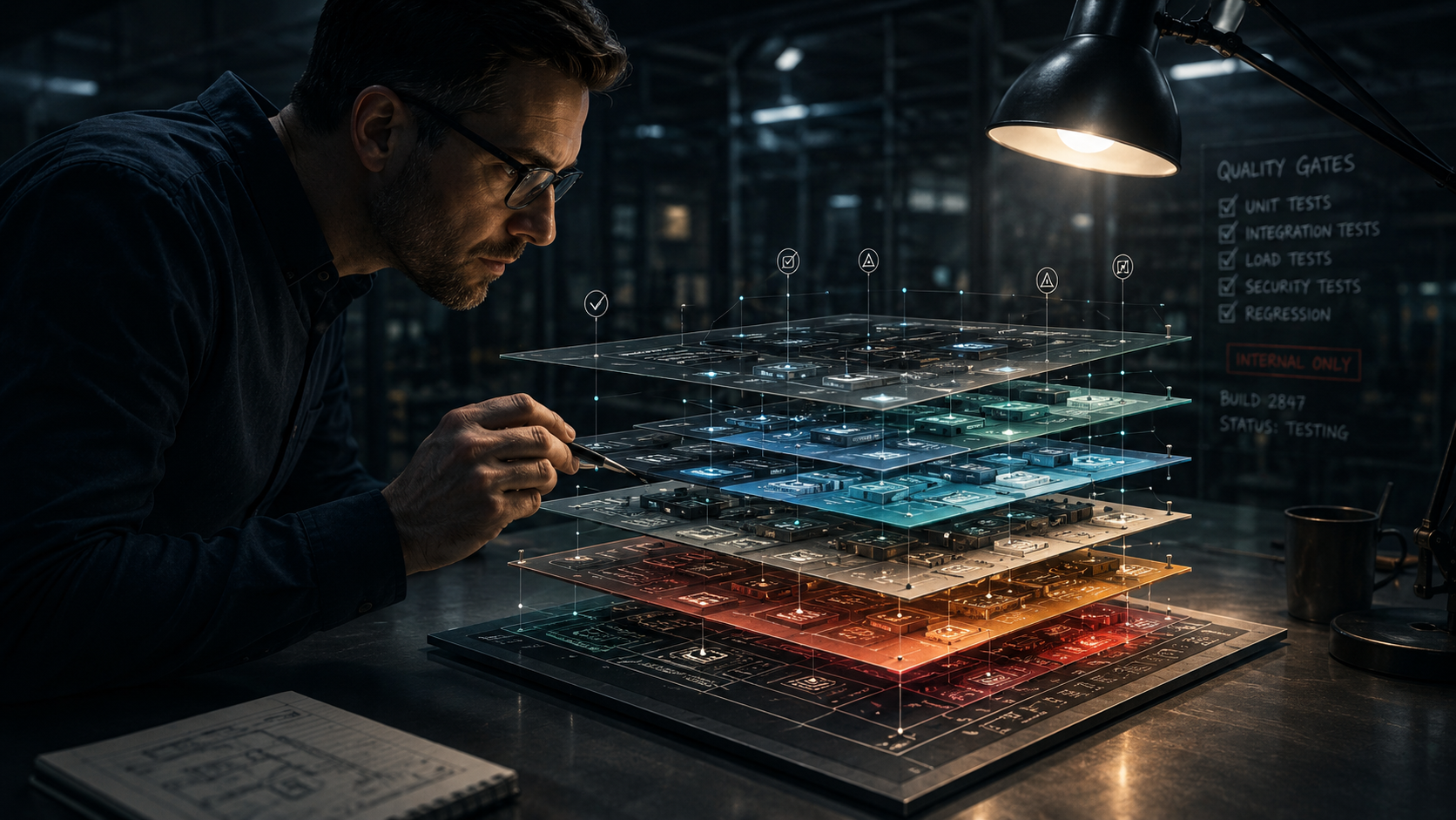 Professional reviewing layered model structure in industrial workspace