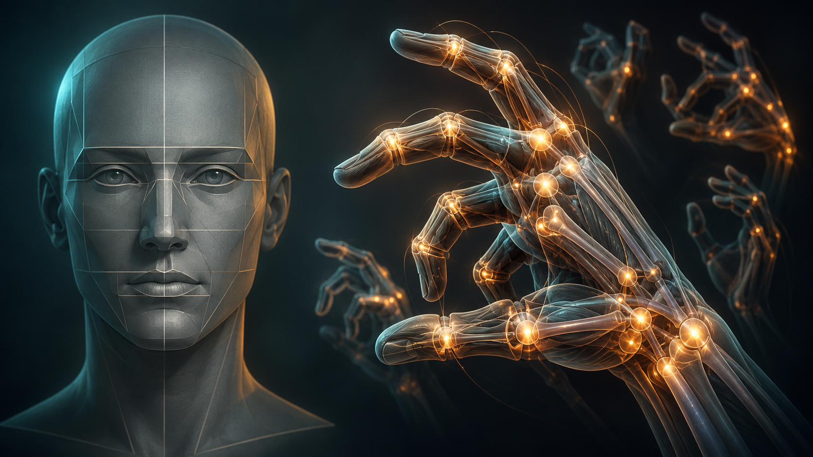 Translucent articulated hand joints contrast simple face geometry for AI hand anatomy