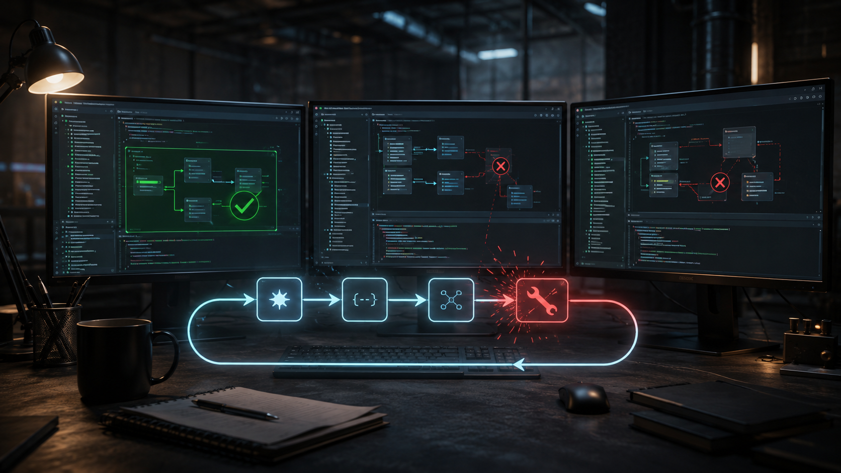 Multi-file coding reliability scene for Gemini 3.5 Pro coding expectations with broken interfaces and repair loops