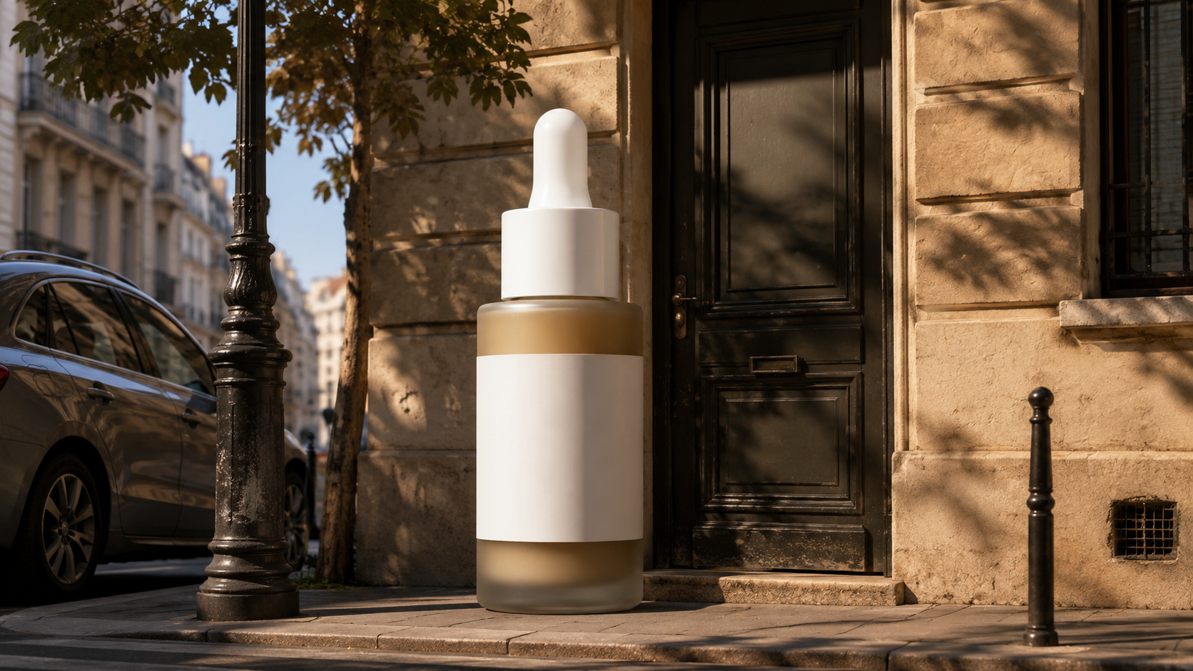 Giant product matched to street furniture scale for believable AI FOOH ads
