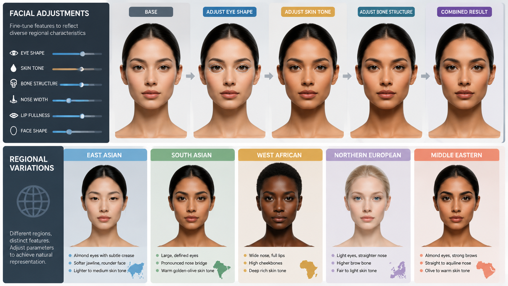 Illustration of regional facial feature adjustments used in born elsewhere AI transformations