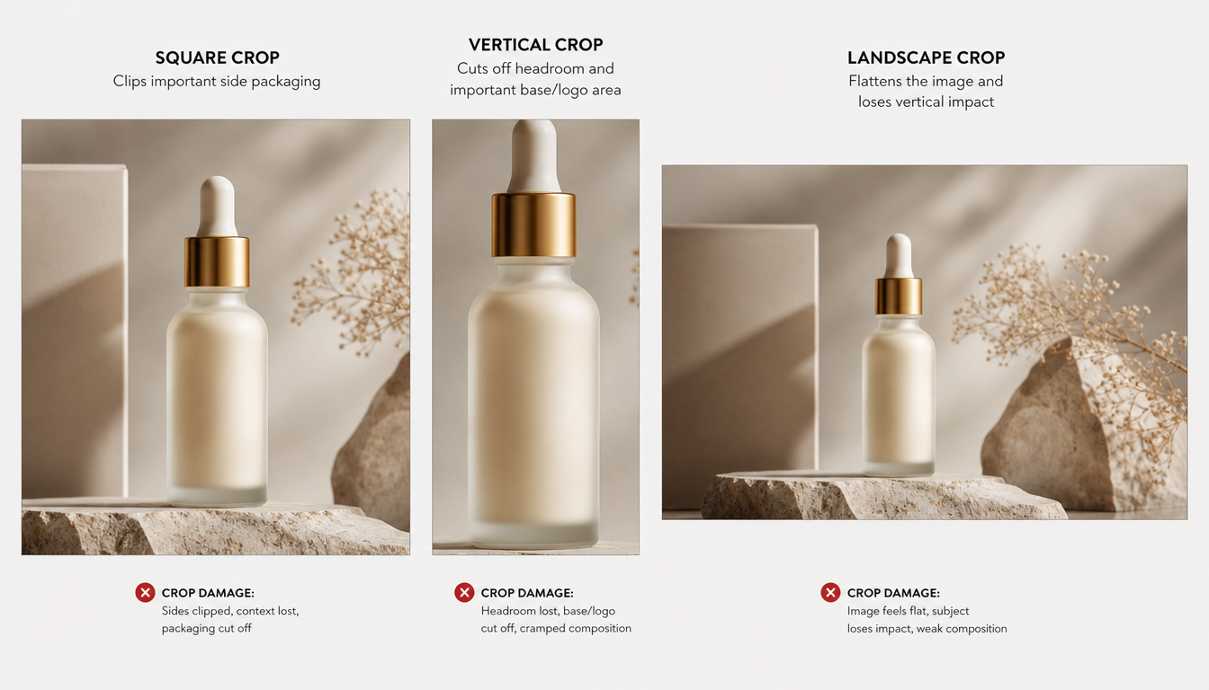 Cropped product photo losing logo and packaging details across square and vertical AI image aspect ratio frames