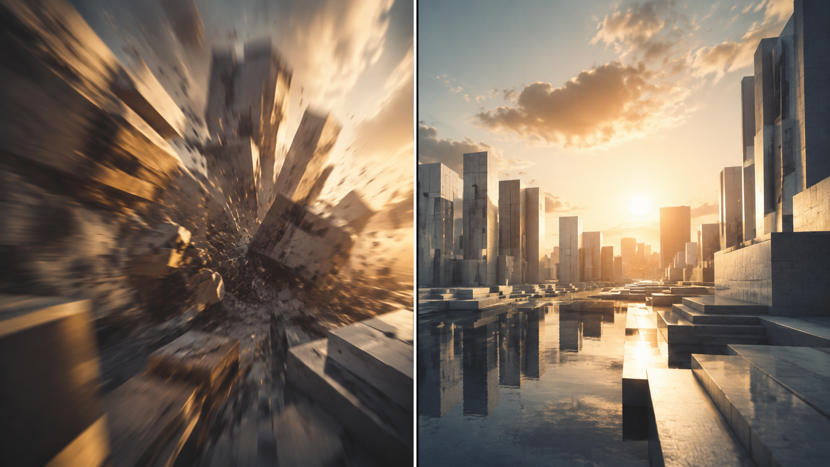 Side-by-side camera move metaphor comparing aggressive crash motion with smooth gradual reveal
