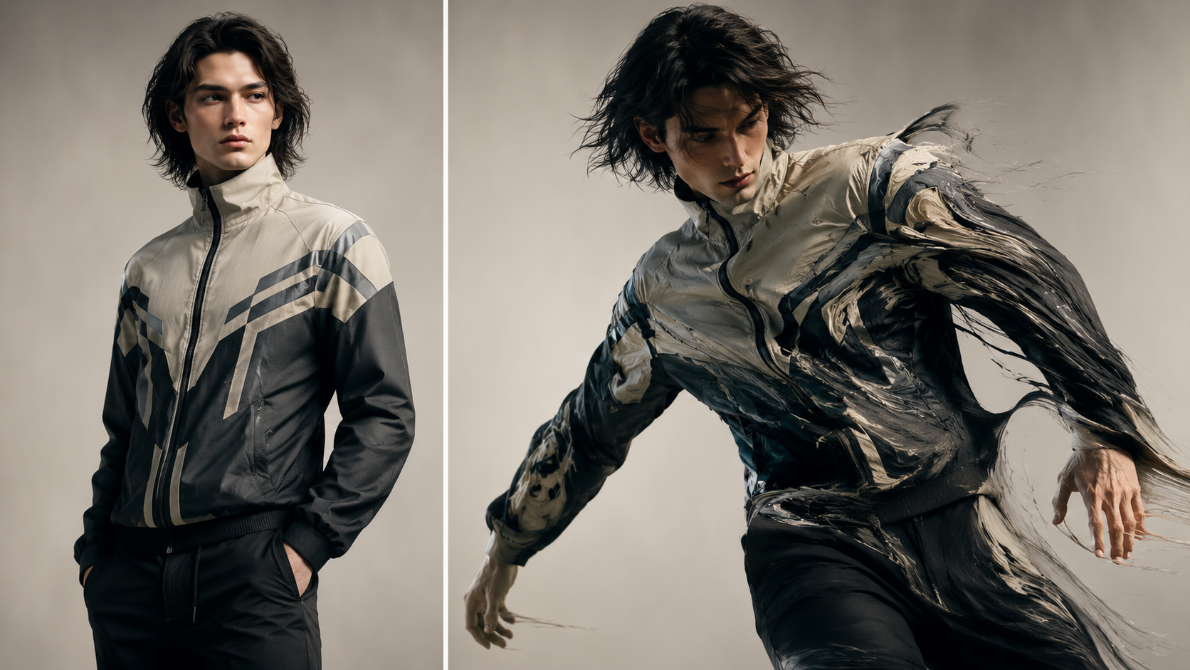 Split-frame concept showing clean outfit still versus clothing warps during motion transfer under action