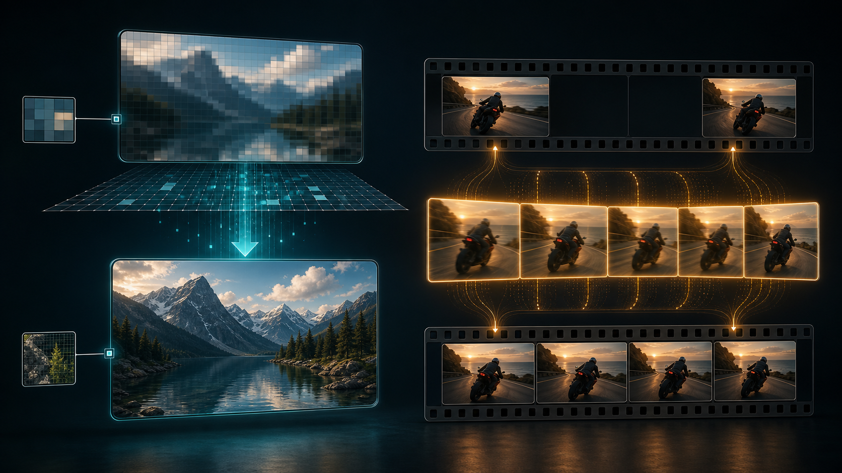 Visual concept of AI video upscaling vs frame interpolation as spatial detail versus intermediate motion frames