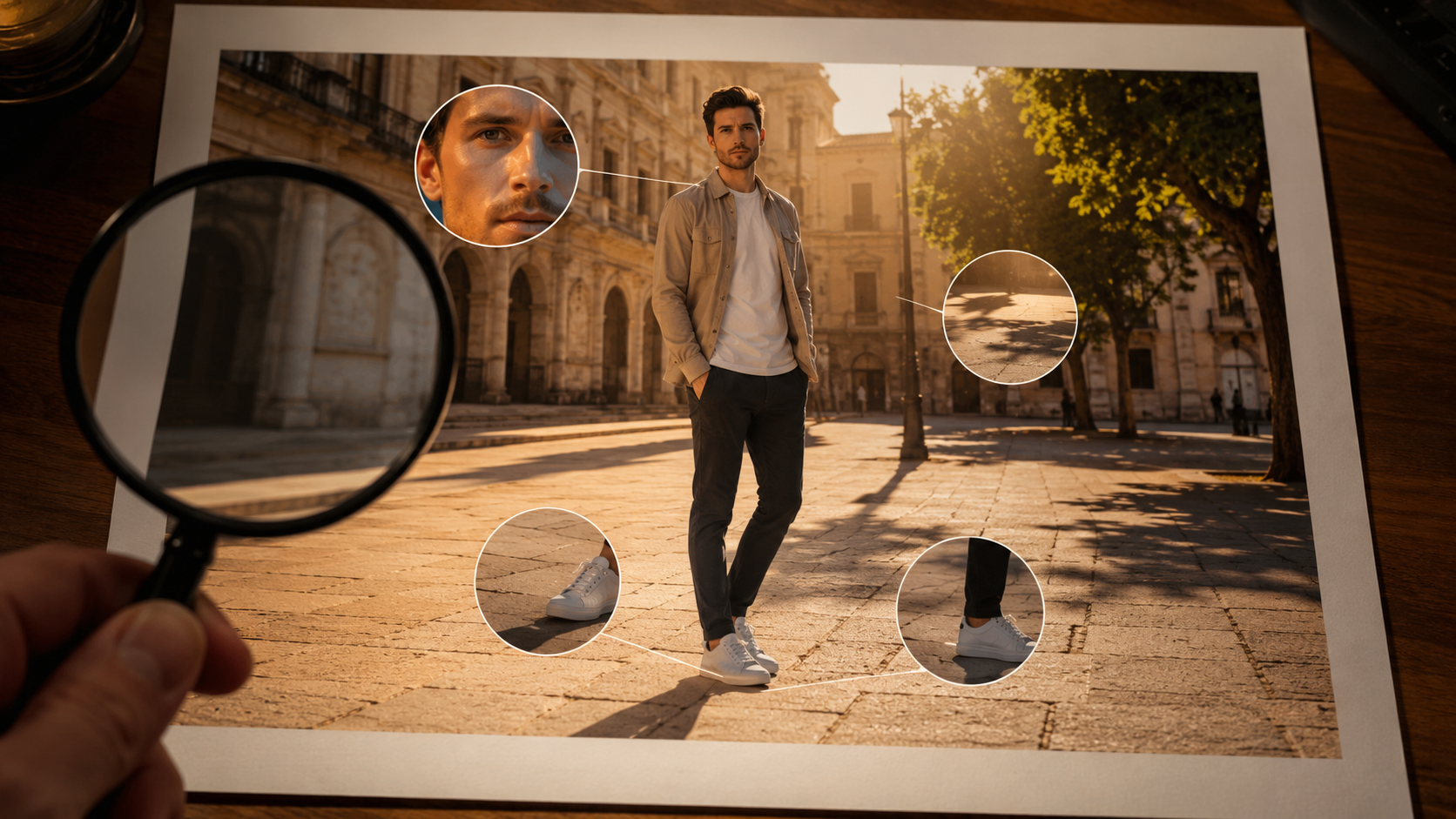 Composite portrait with broken cast shadows showing why AI image relighting starts with diagnosis