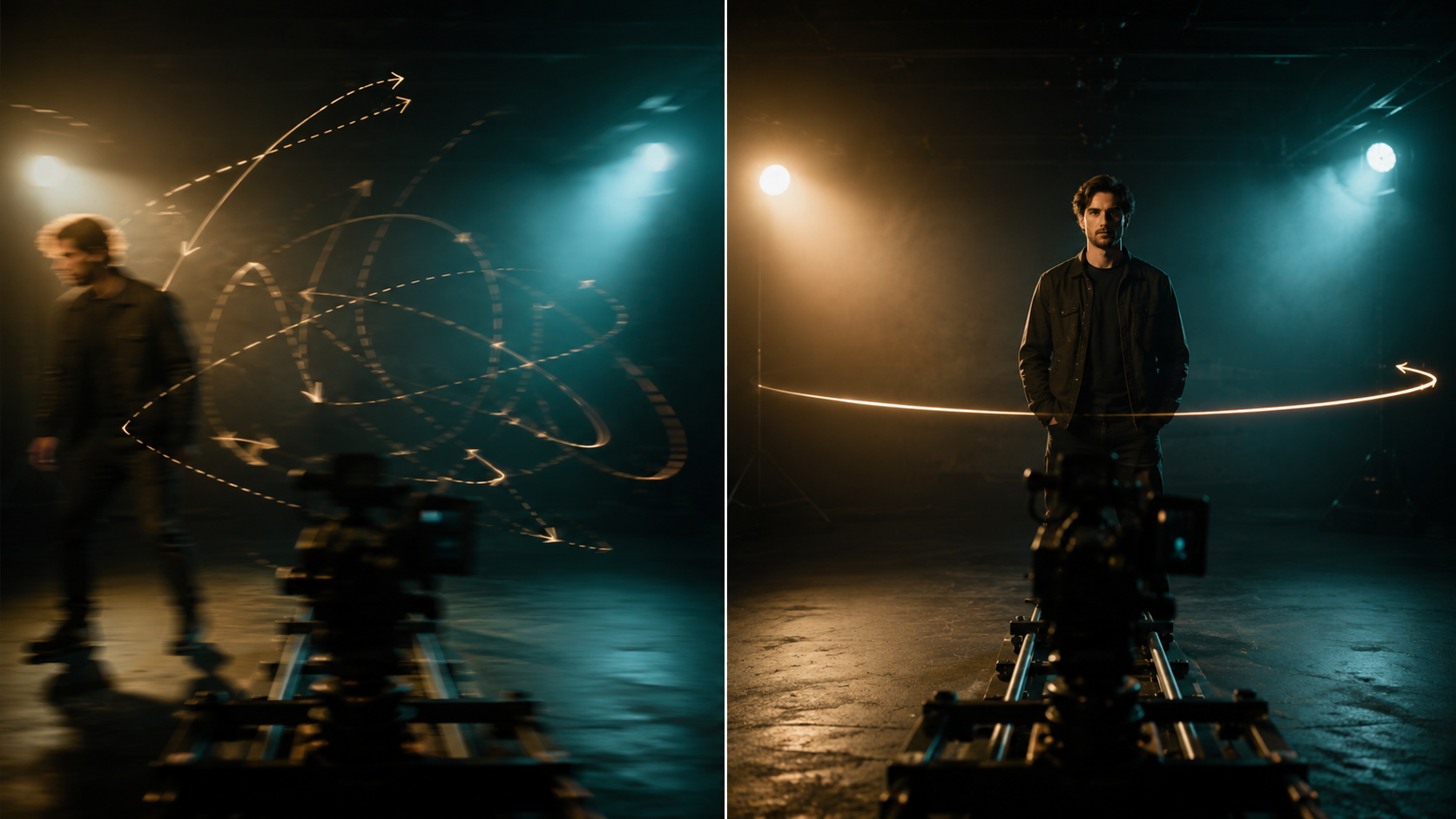 Split visual of chaotic drifting AI camera motion versus intentional controlled framing