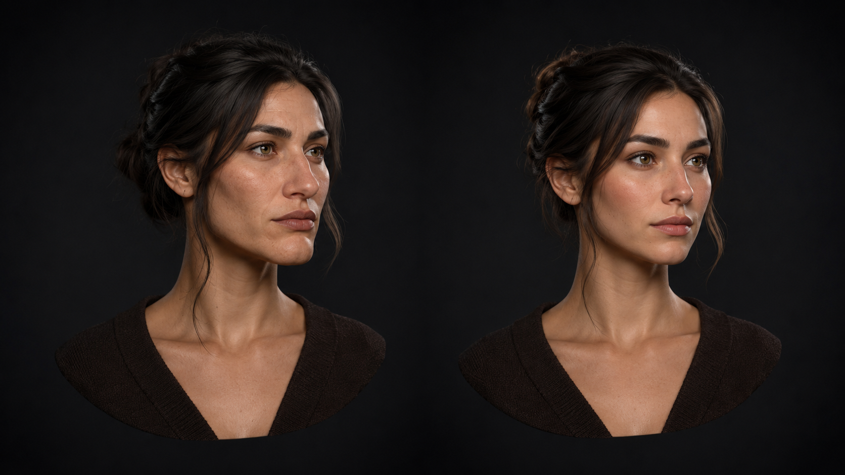 Structural versus surface identity drift shown as bone-shape shift and eye-color change during AI character face changes