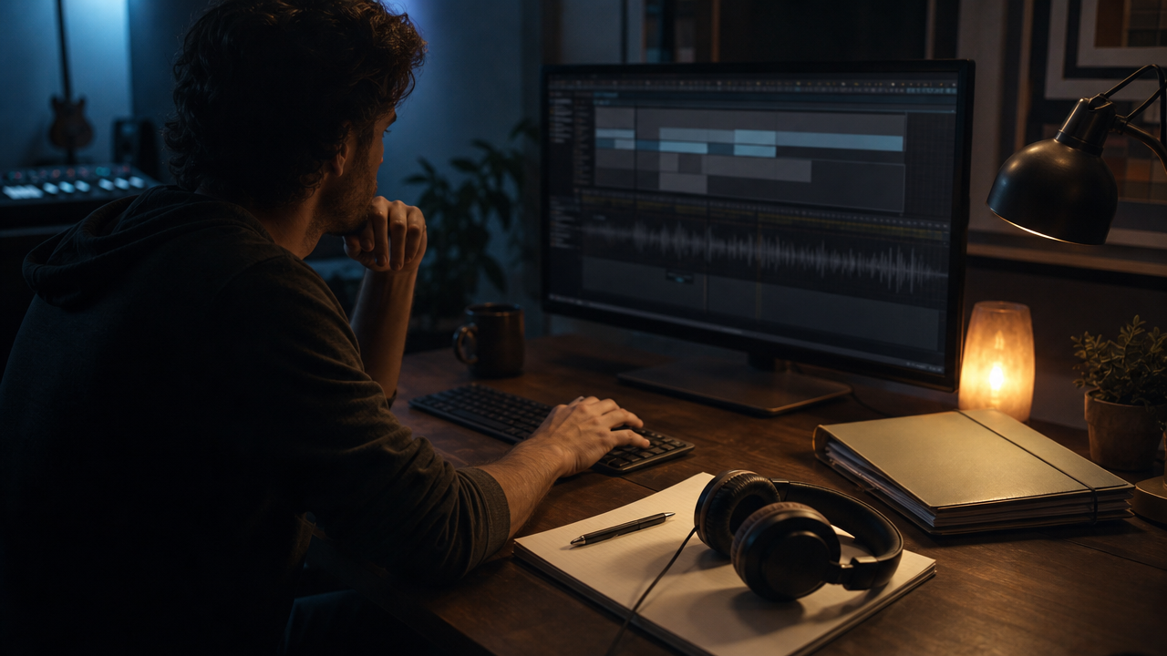 Creator verifying limits of AI music prompts before publishing video or ad audio