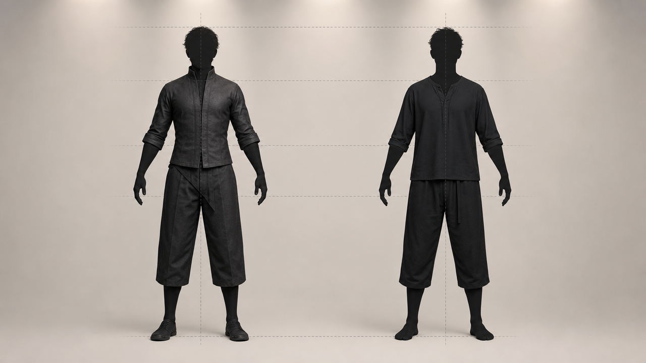 Side-by-side silhouette matching for AI character outfit consistency before motion transfer
