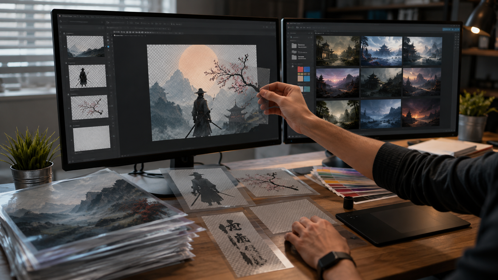 Photoshop-style desk stack showing a Seedream Photoshop workflow with transparent PNG layer imports.