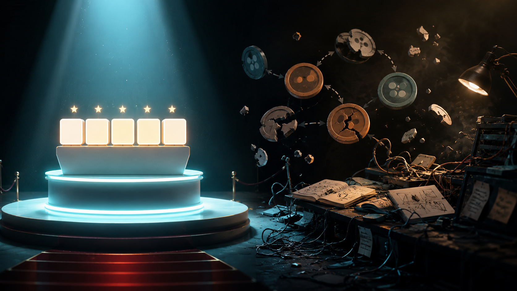 Score theater concept showing polished leaderboard glow versus messy production failure for Gemini 3.5 Pro benchmarks