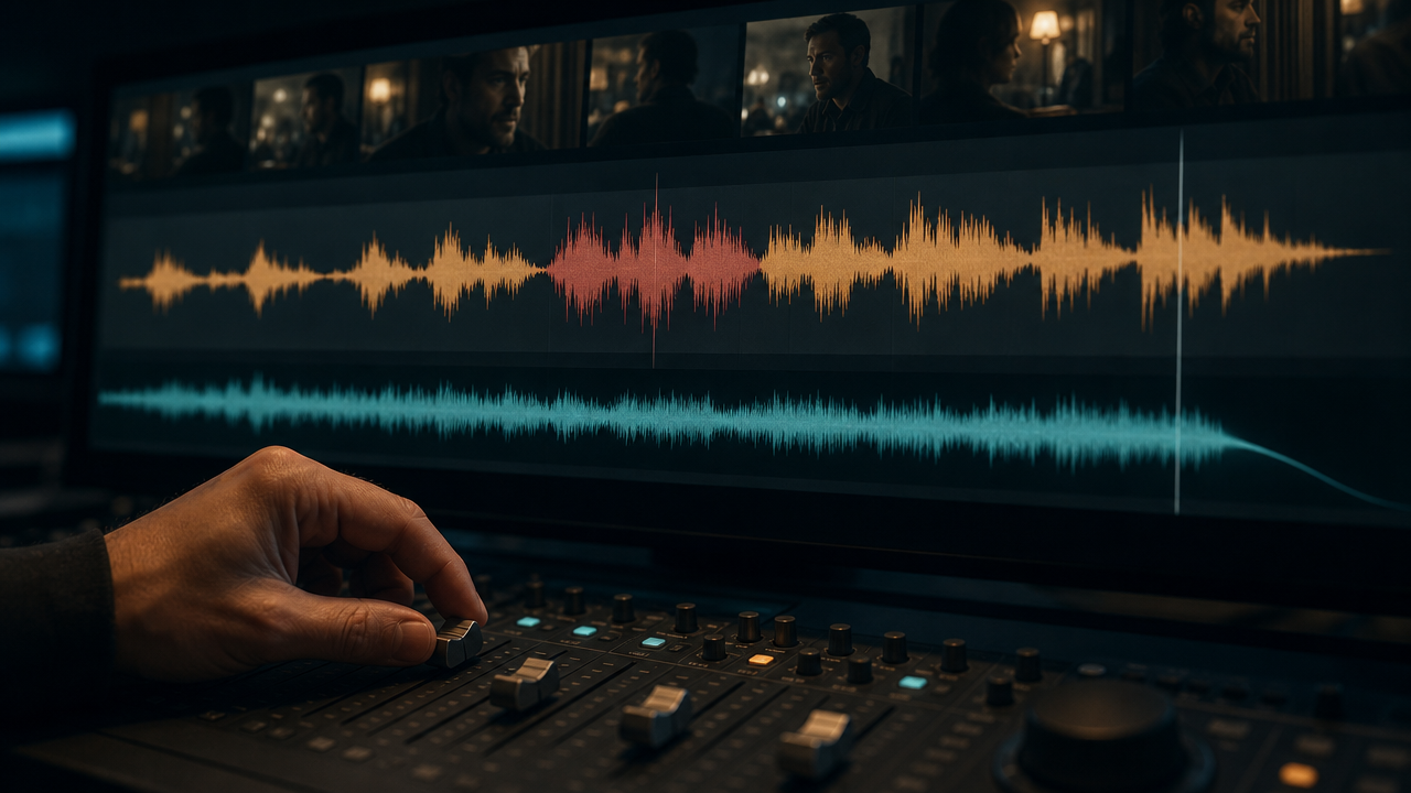Limitation visual showing AI background music still needs a human mix pass for dialogue and final frame