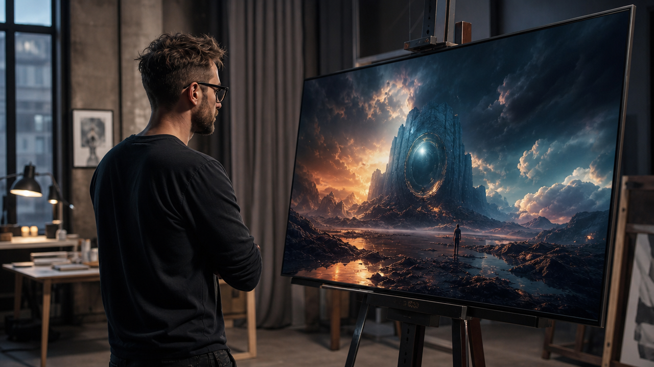 Creator examining a stylized cinematic artwork in a studio