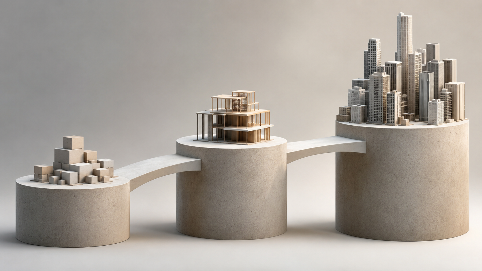 Three connected pillars representing model development stages