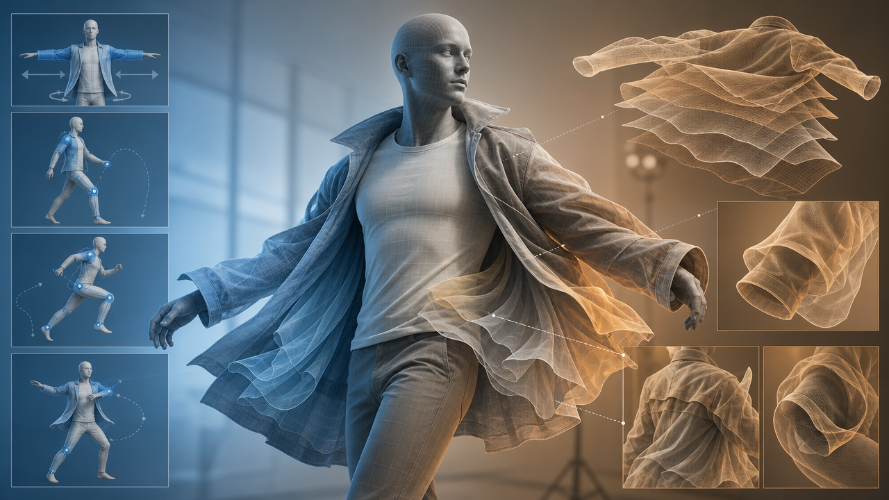 Soft garment layers deforming while a body pose stays stable, explaining why clothing warps during motion transfer