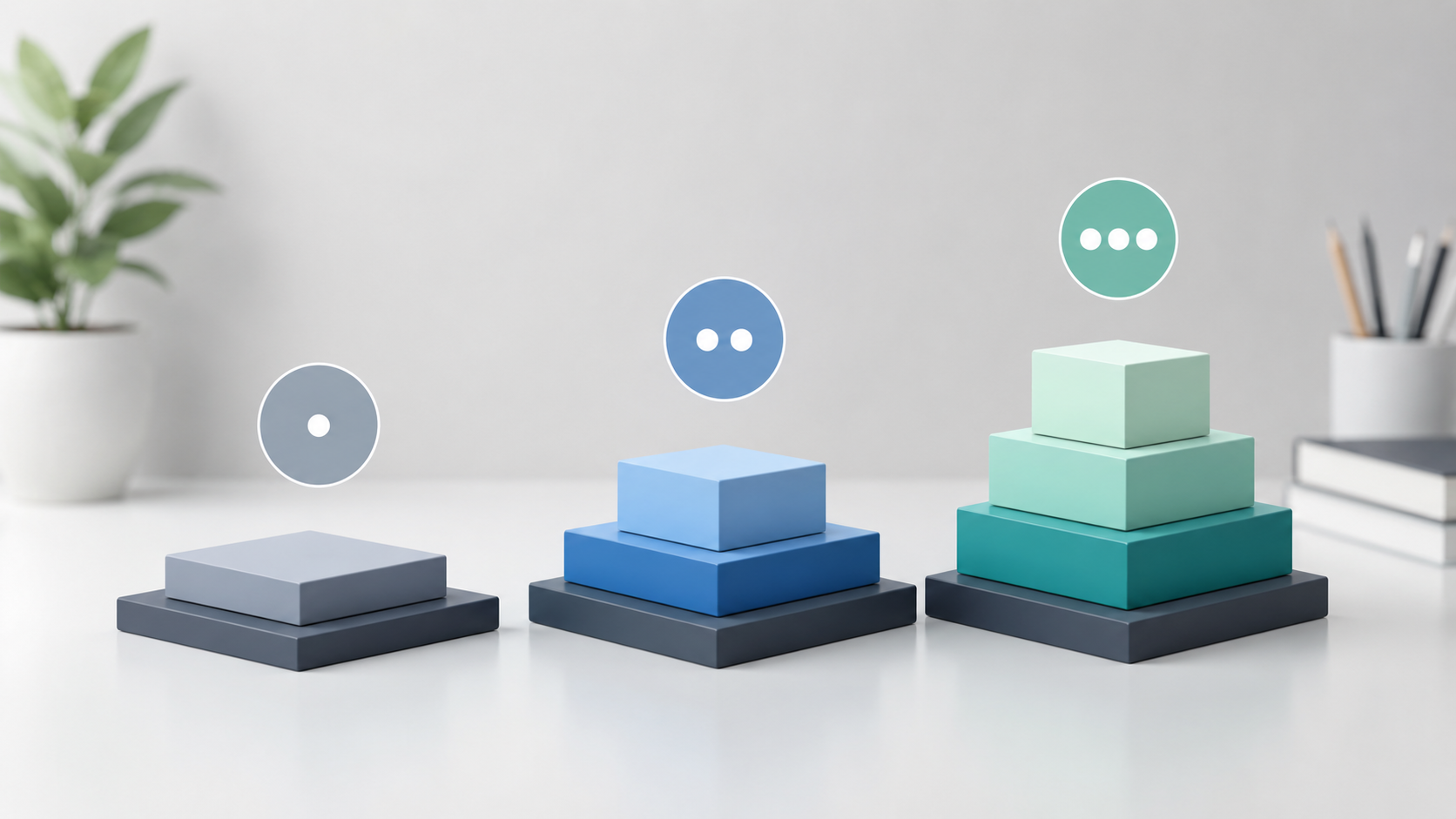 Three layered geometric forms representing capability tiers