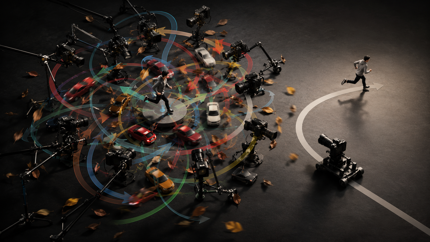 Tangled multi-move shot complexity collapsing into floaty half-speed motion